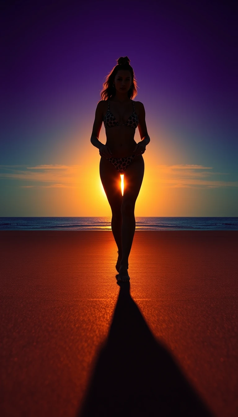 Silhouettierte Frau geht bei Sonnenuntergang am spiegelnden Strand