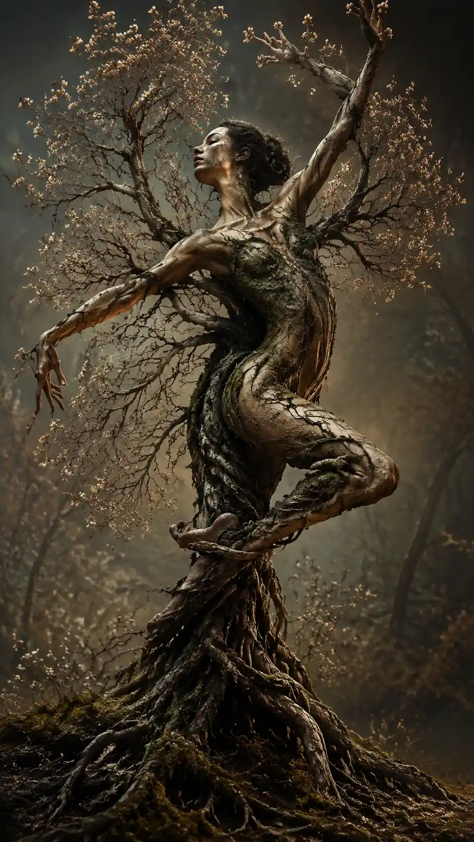 Surreal dancer fused with an ancient tree in forest dusk