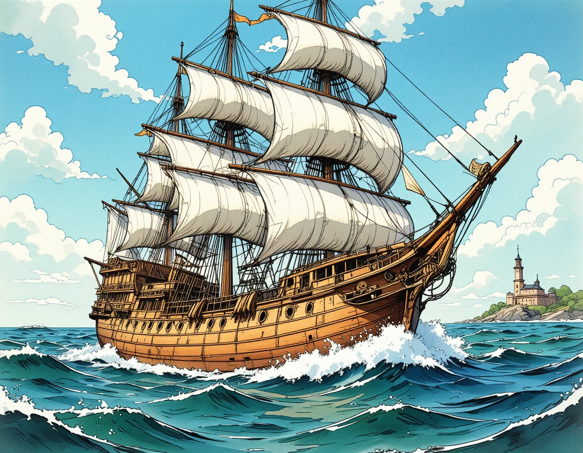 Vintage comic illustration of a galleon on choppy seas