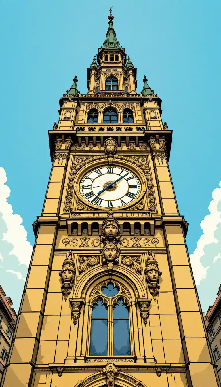 Comic style illustration of an ornate stone clock tower