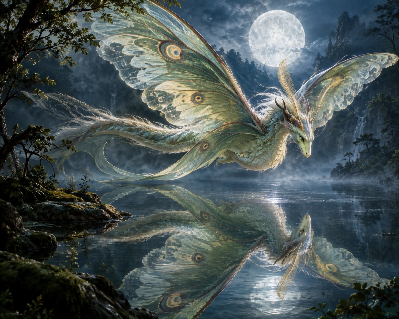 Surreal luna moth dragon above a moonlit forest lake