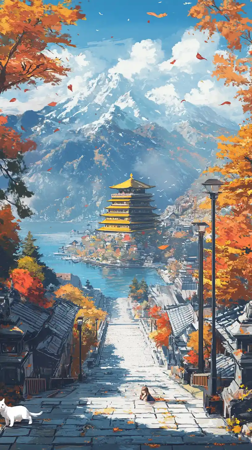Pyramide dorée parmi les montagnes d’automne au bord d’un lac bleu