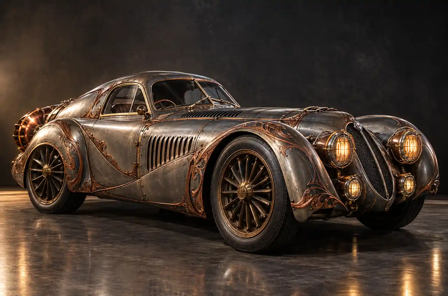 Steampunk-Renncoupé von 1938 im dramatischen Studio-Seitenlicht