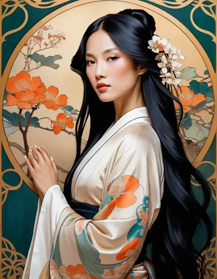 Anmutige asiatische Frau im Kimono vor Jugendstil-Hintergrund