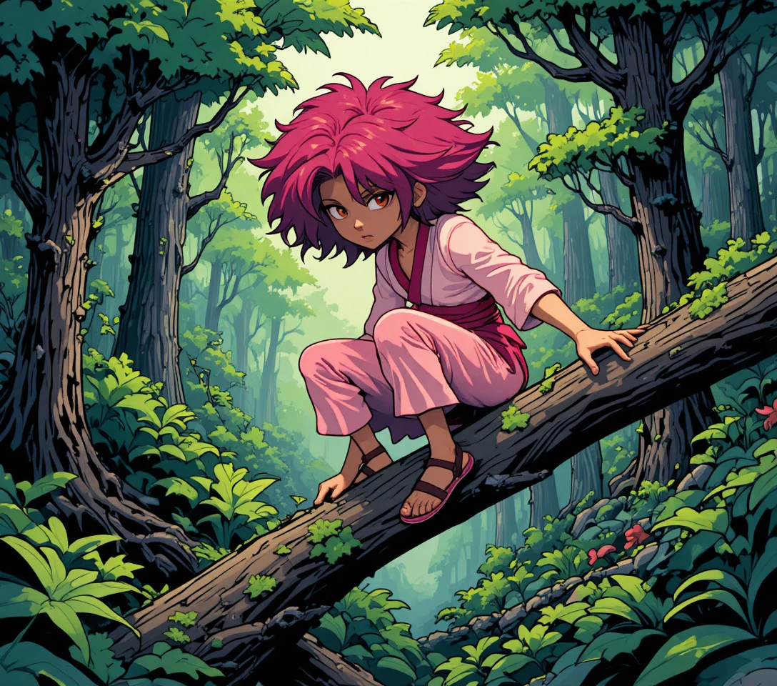 Vagabond aux cheveux roses accroupi sur une branche dans la forêt