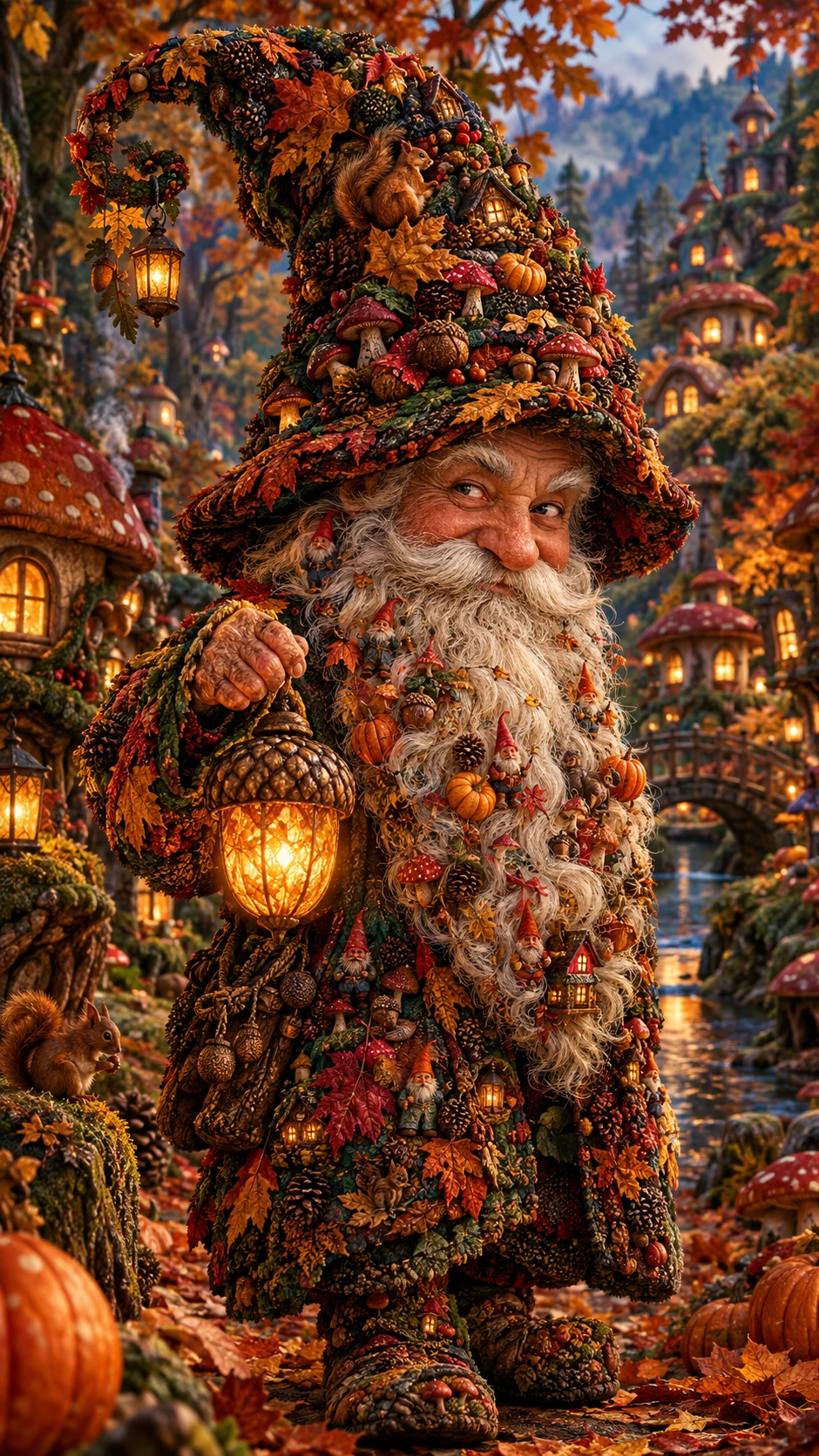 Elderly woodland gnome with glowing acorn lantern portrait