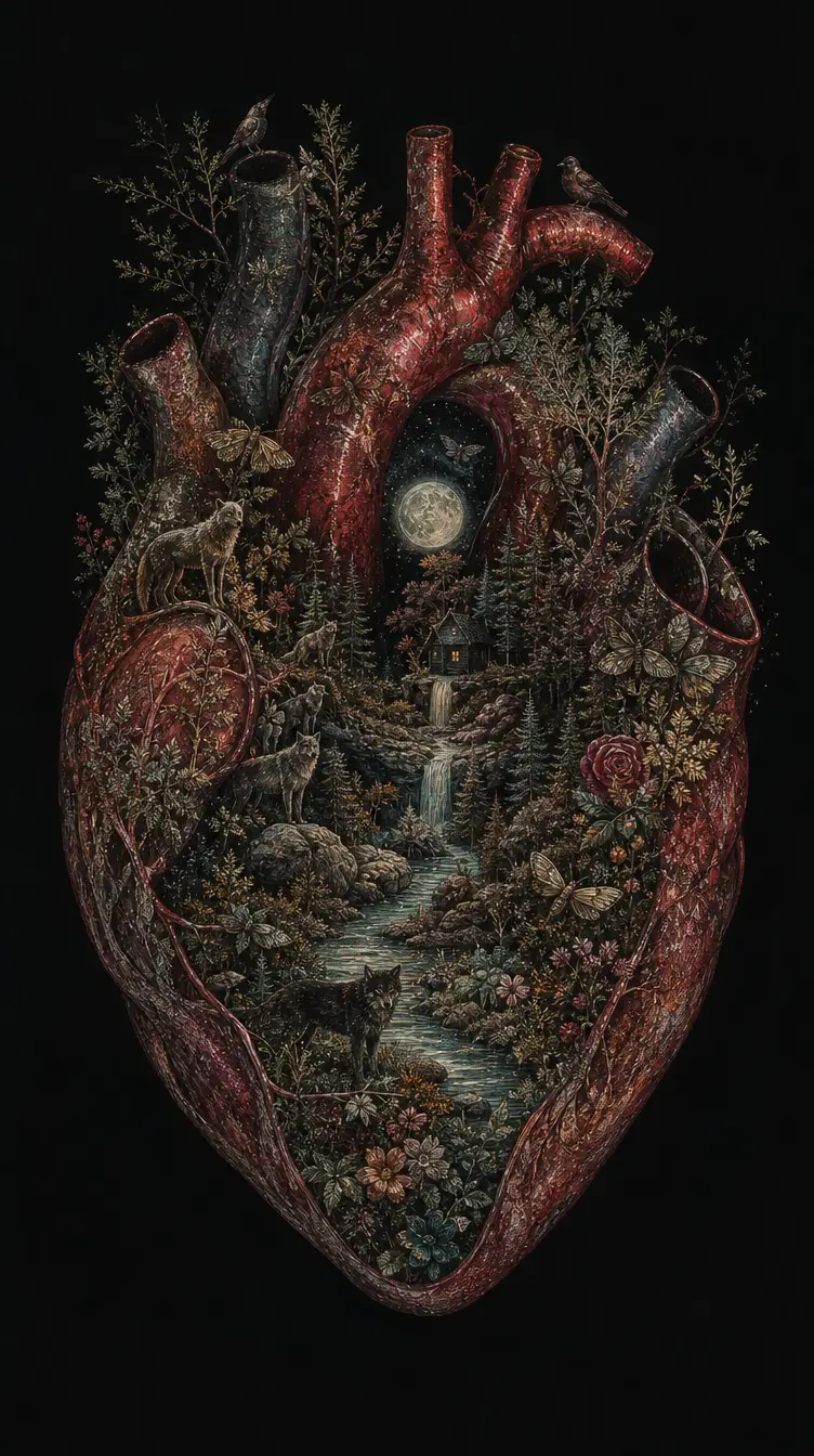 Corazón anatómico flotando en la oscuridad con naturaleza salvaje interior