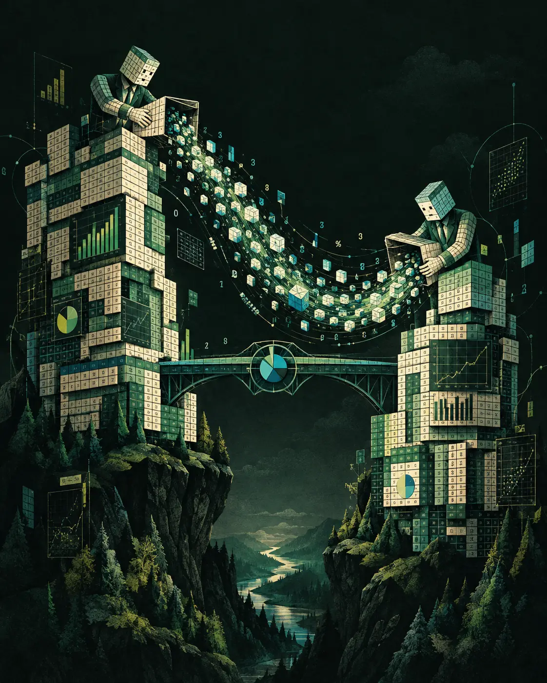 Carta de estrategia surreal con diseño de bosque de datos oscuro