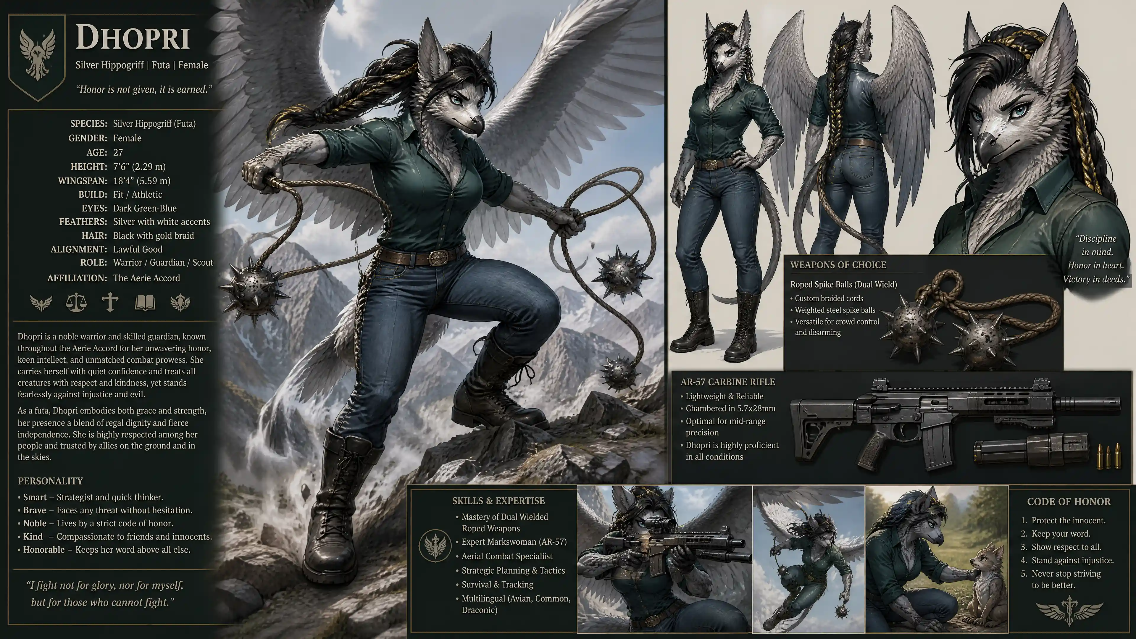 Winged silver hippogriff warrior woman in casual clothes
