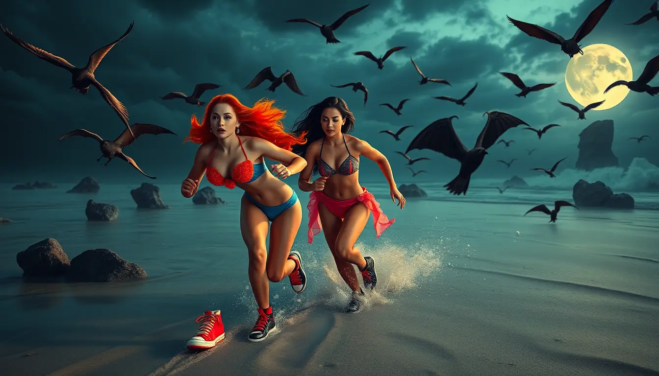 Two women fleeing on a surreal dark fantasy beach