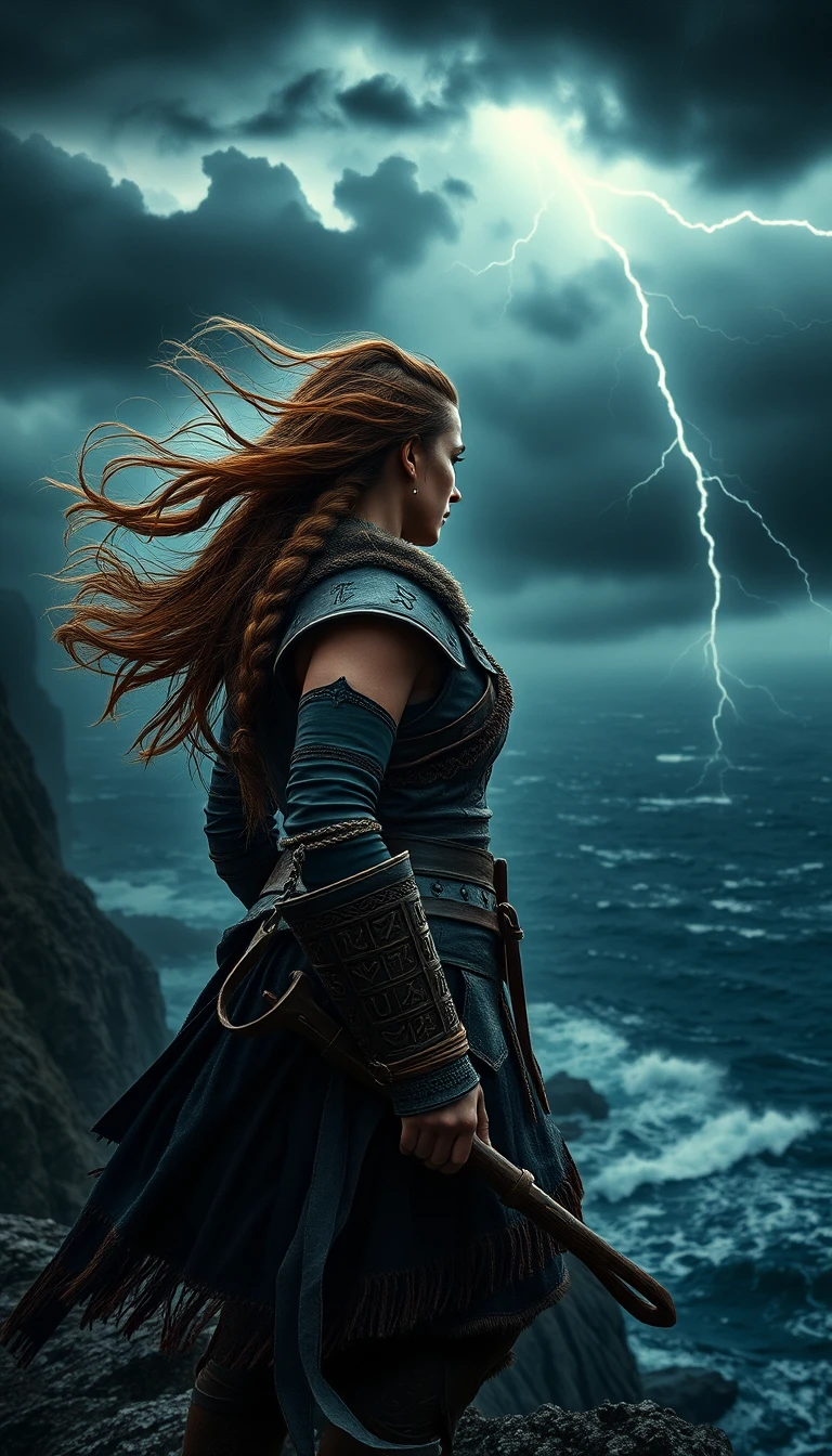 Nordic warrior woman on a stormy cliff above the sea