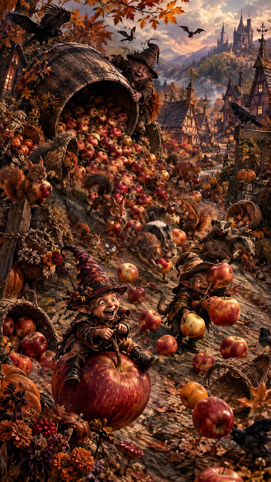 Tiny autumn farmer spilling apples through a village