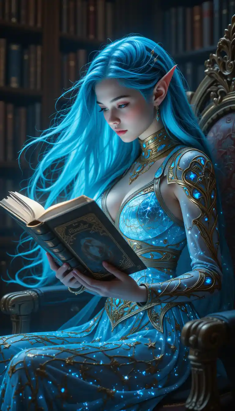 Blue haired elf woman reading a glowing magical book