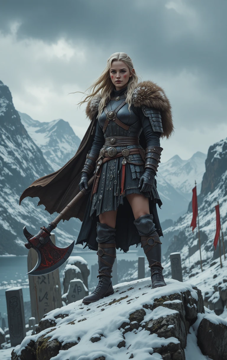 Fierce viking warrior woman on a snowy mountain peak