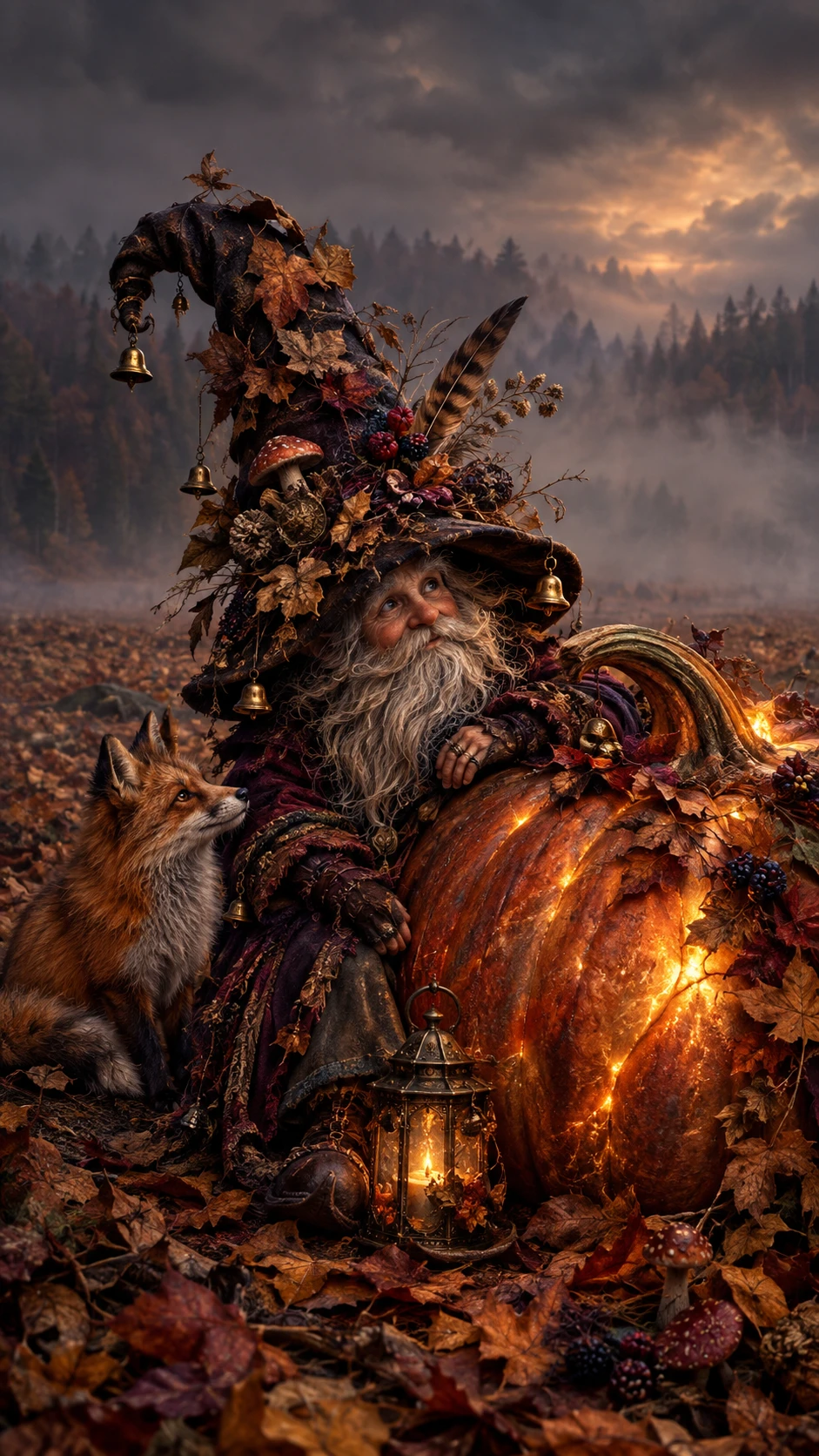 Tiny autumn guardian beside a single glowing pumpkin