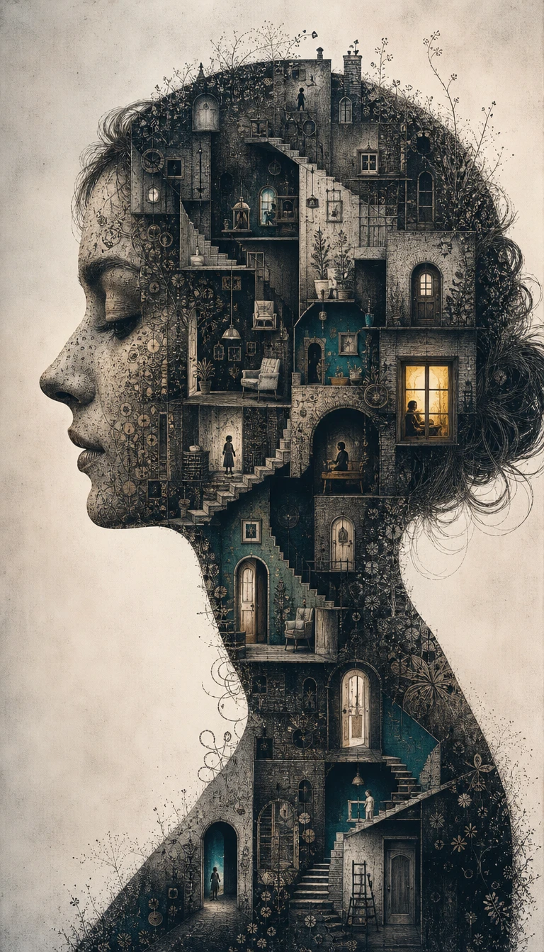 Profilo di donna riempito da stanze e scale surreali