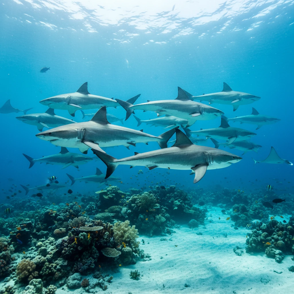 Tiburones blancos nadando sobre un brillante arrecife de coral