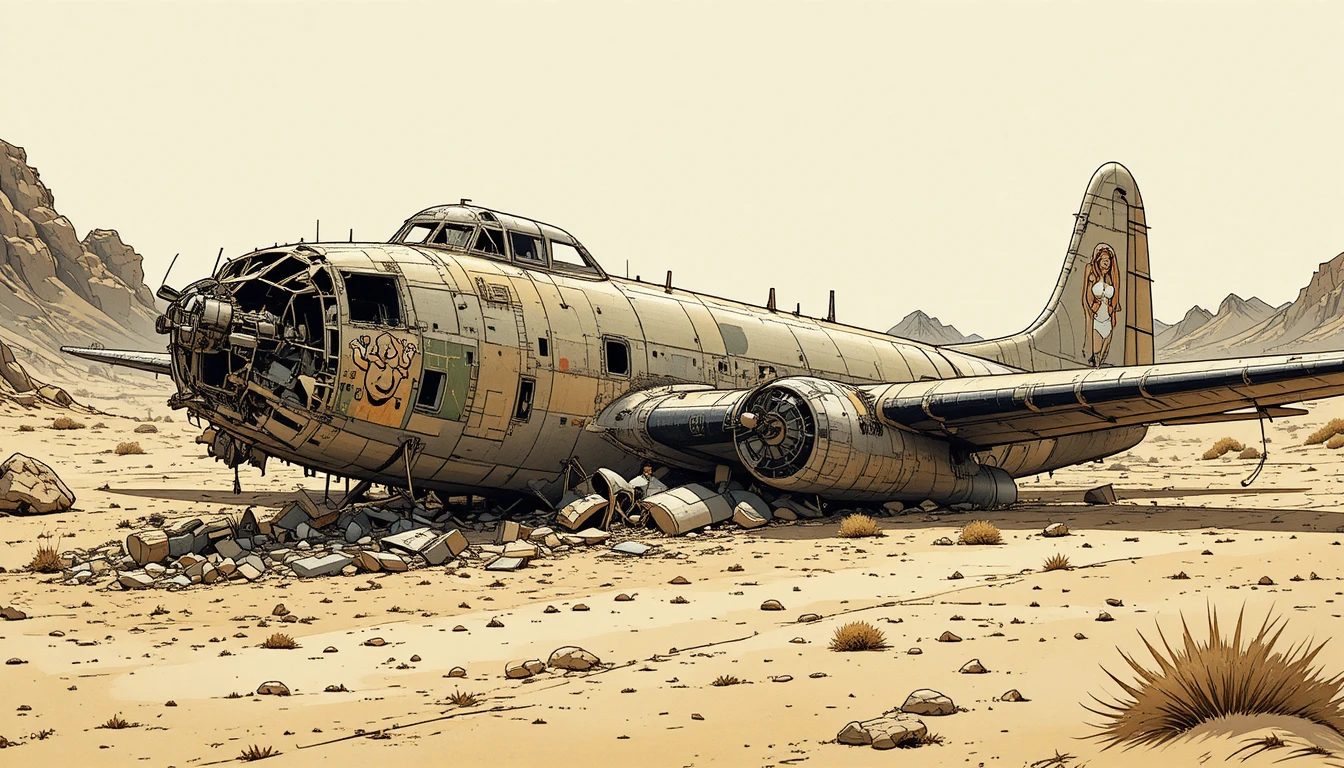 Crashed desert bomber with vintage nurse pin up art