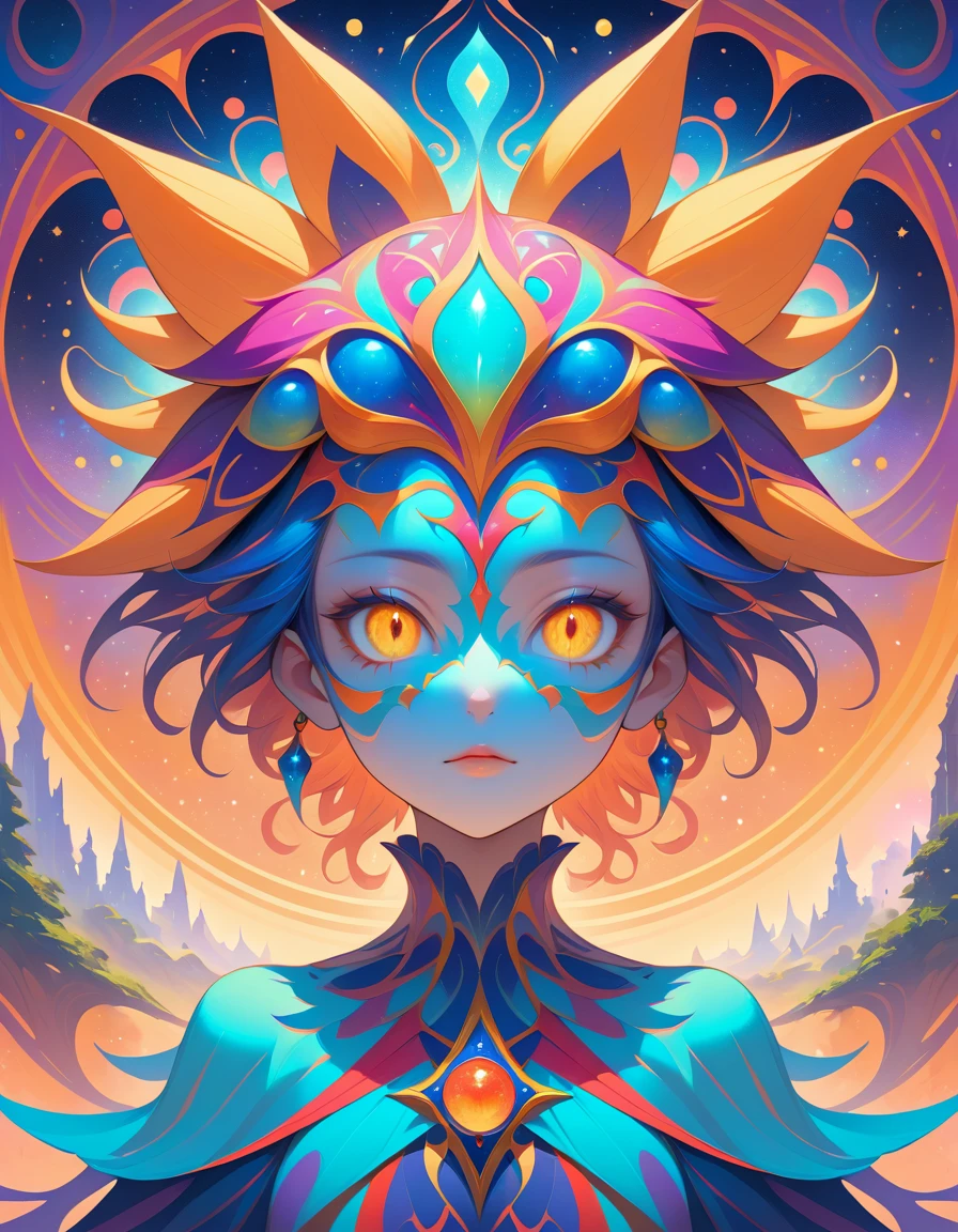 Retrato de bufón cósmico con máscara caleidoscópica y aura fractal