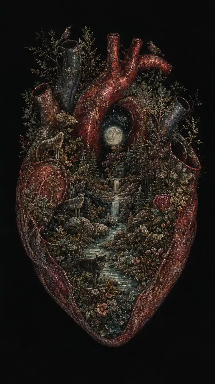 Corazón anatómico flotando en la oscuridad con naturaleza salvaje interior