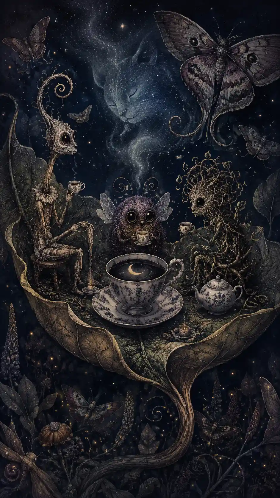 Miniature fantasy tea party on a giant leaf at midnight