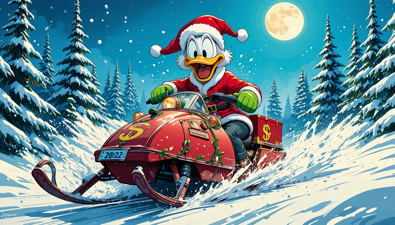 Pato Papai Noel em desenho animado correndo de snowmobile pelo inverno