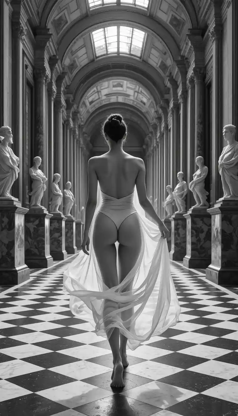 Barefoot woman walking through classical marble statue gallery