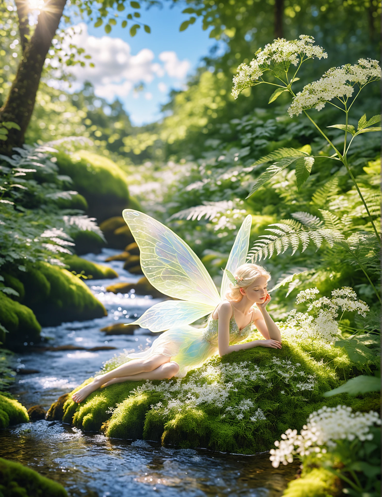 Luminous fairy resting on moss by a clear forest stream