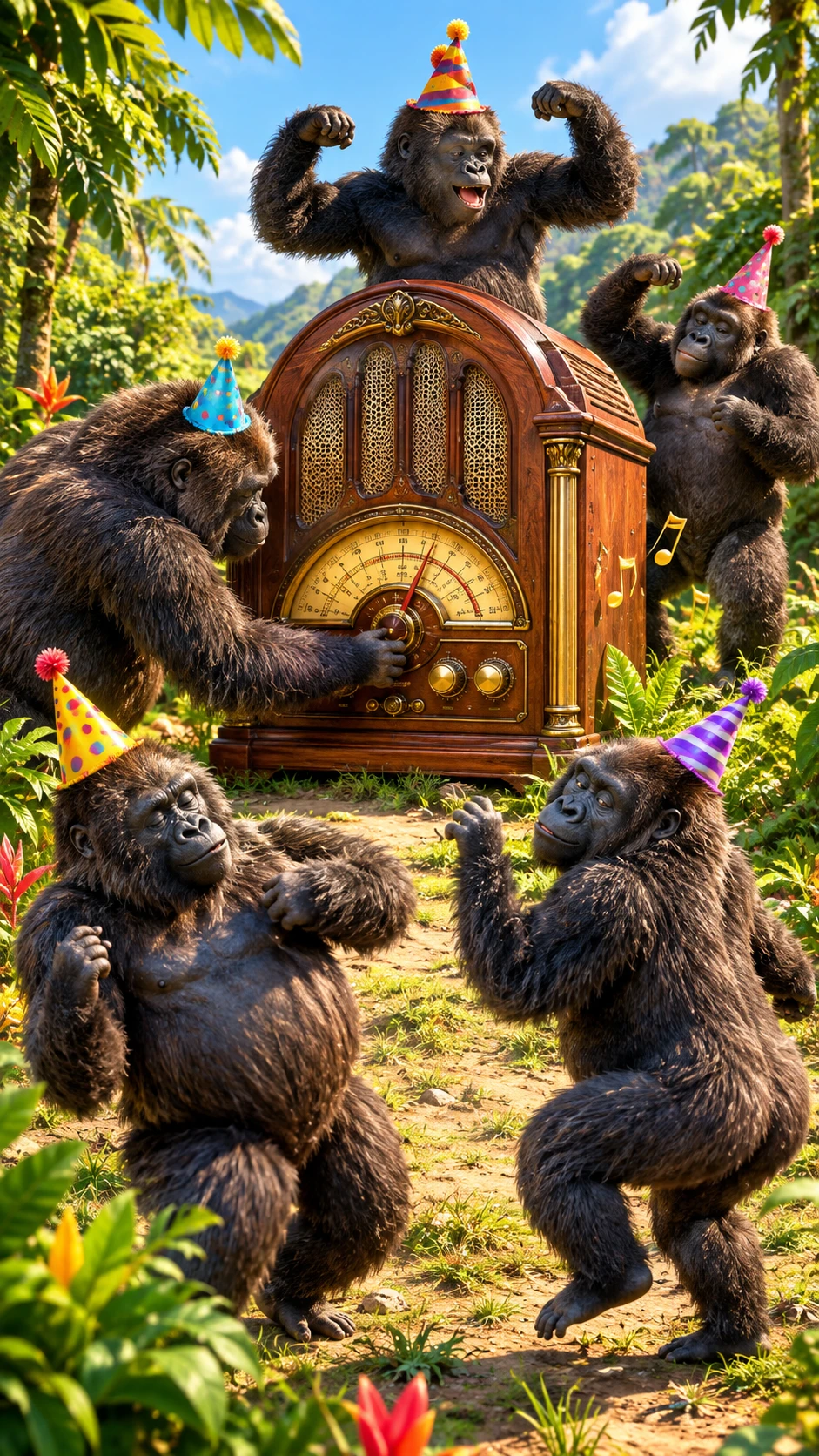 Gorillas Dancing Around A Vintage Radio In The Jungle