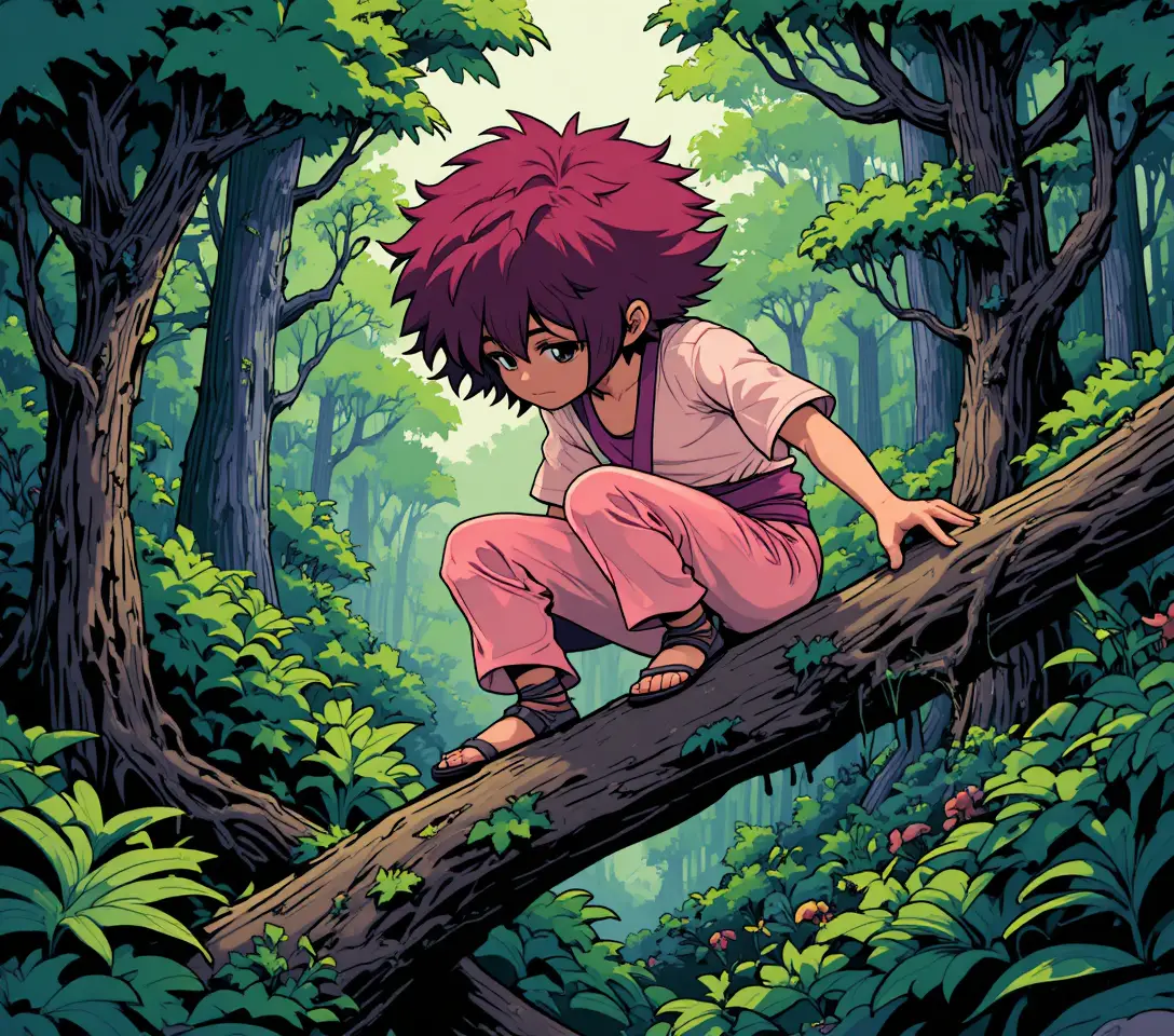 Adventurous figure crouching on a branch in lush forest