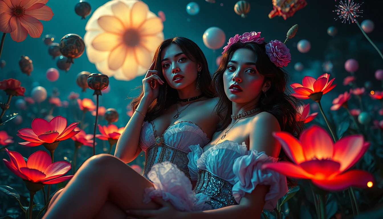 Dos mujeres en un paisaje nocturno surrealista con objetos flotantes