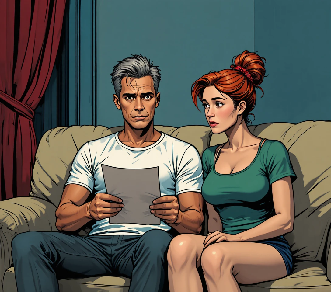 Pareja preocupada en un sofá en una sala de estar tenue con estilo de cómic