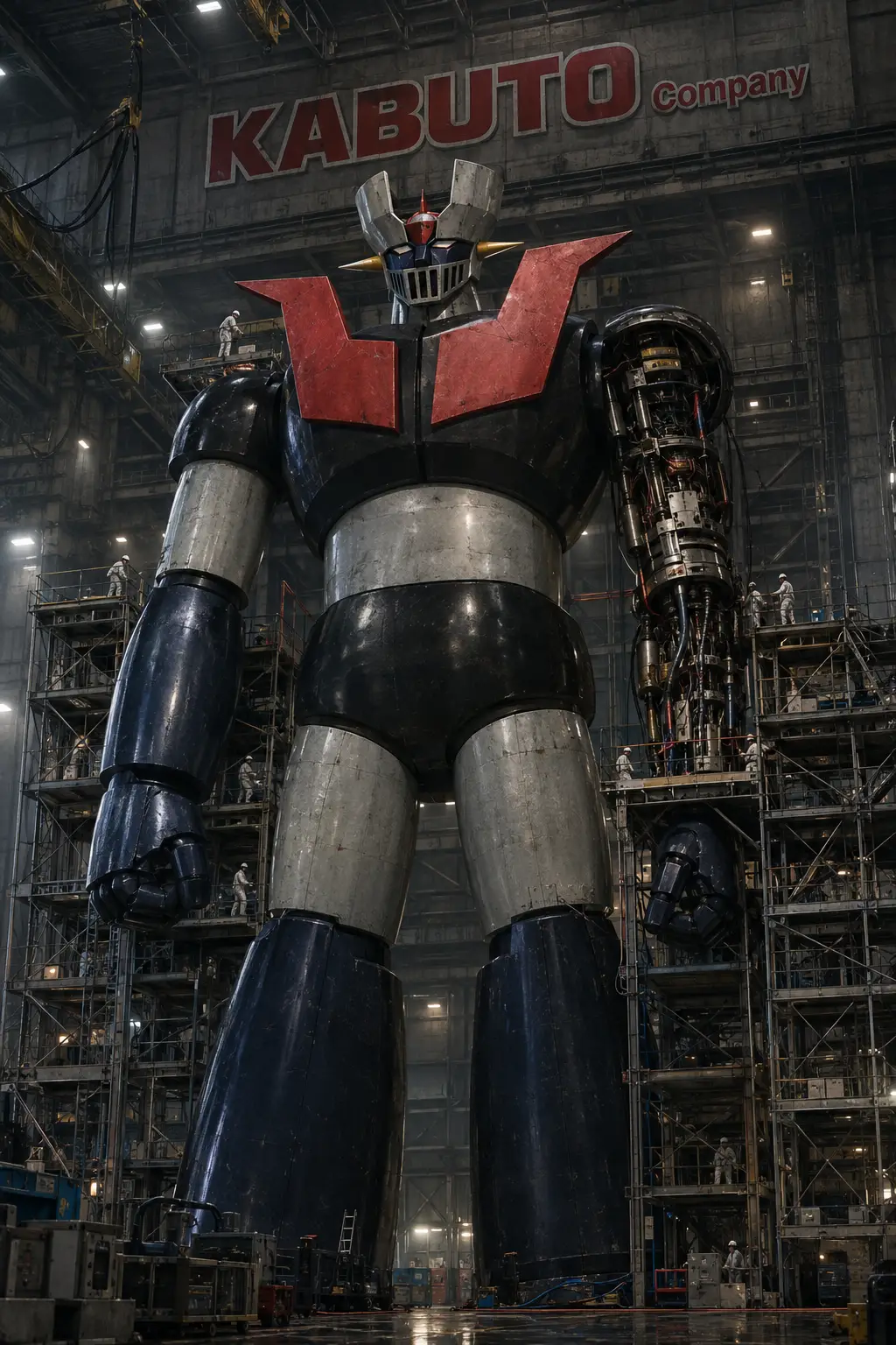 Giant maintenance robot standing inside an industrial hangar