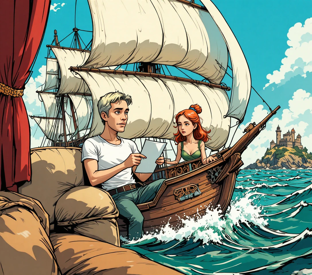 Concerned couple on couch in dim comic style living room