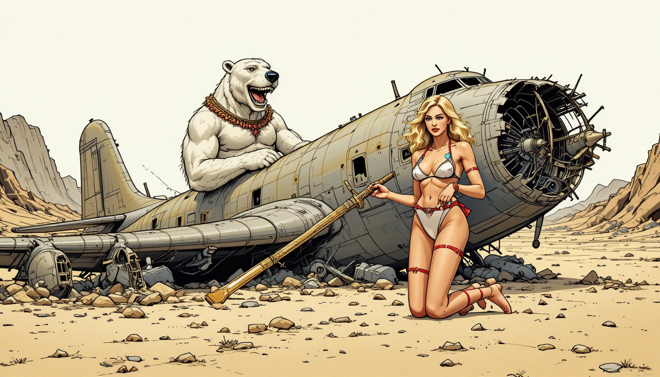 Anthropomorphic polar bear warrior with kneeling blonde companion