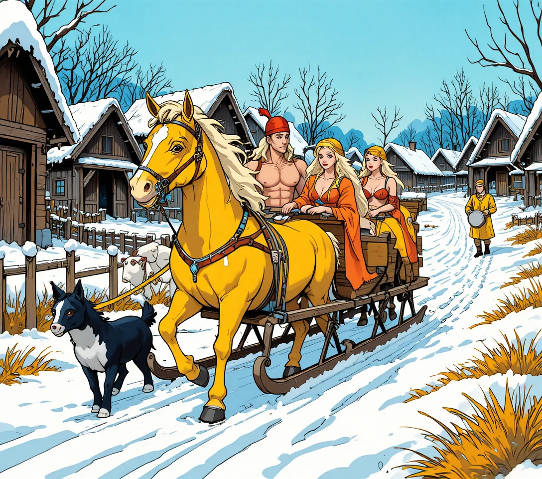 Horse drawn sled racing through a snowy nordic village