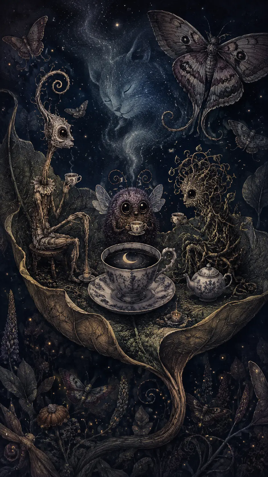 Miniature fantasy tea party on a giant leaf at midnight