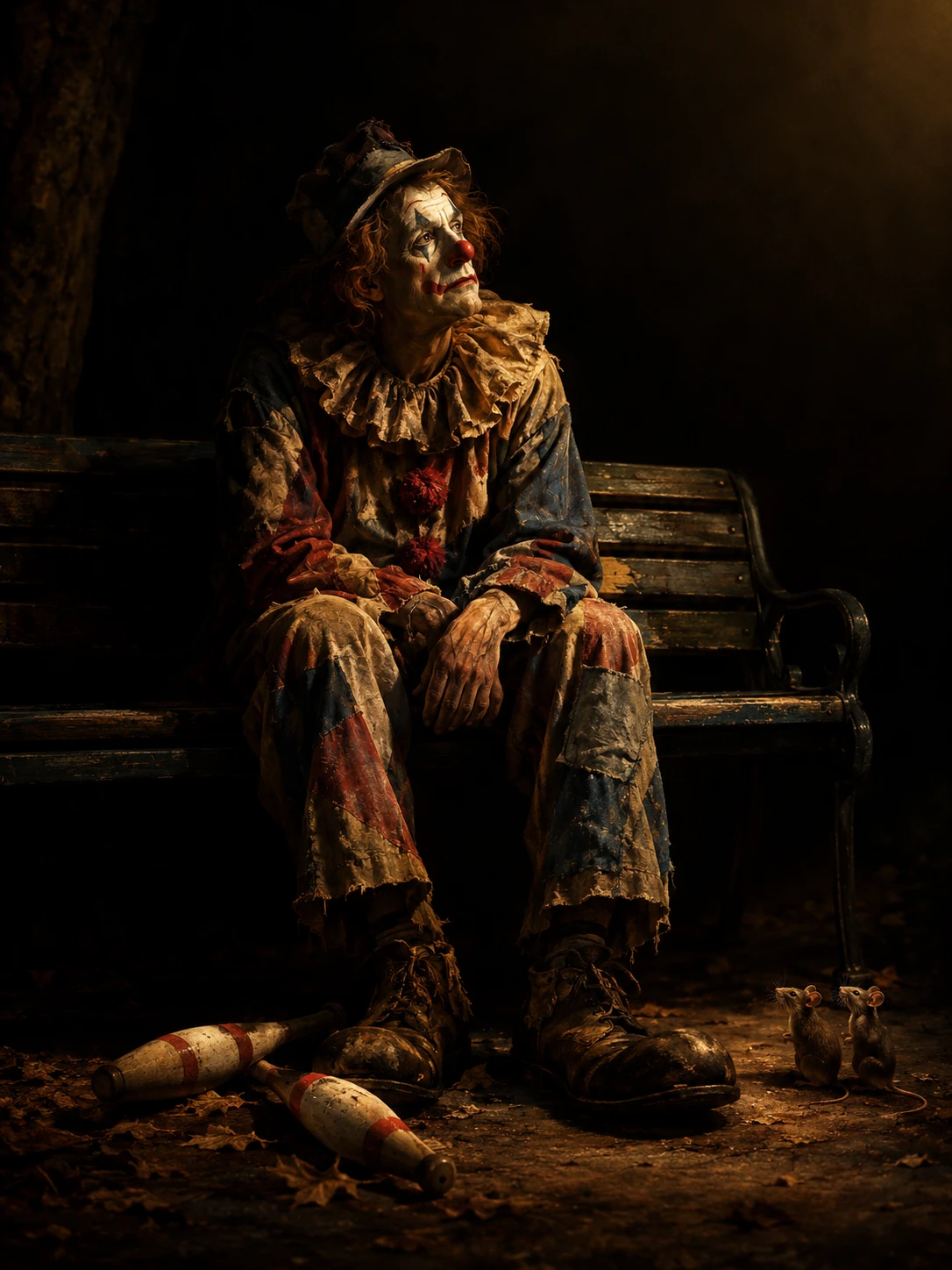 Payaso solitario en un banco de parque bajo una luz dramática de claroscuro