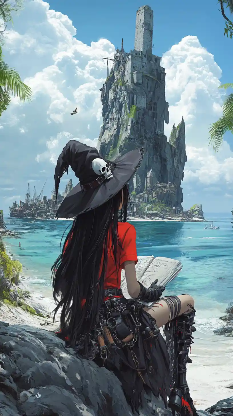 Girl reading a map on a rocky tropical island shore