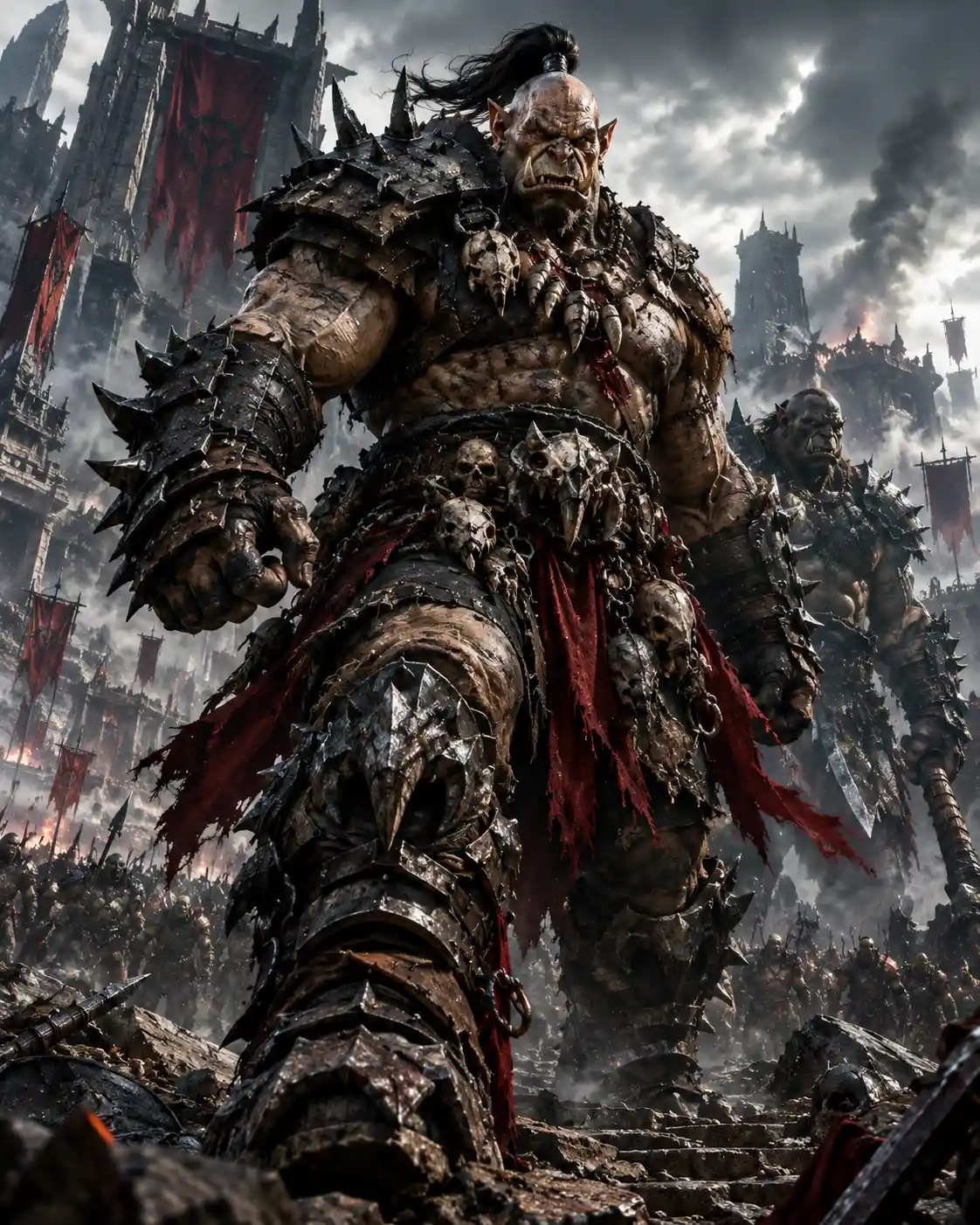 Colossal Orc Warlord Advancing Through Ruined Fortress