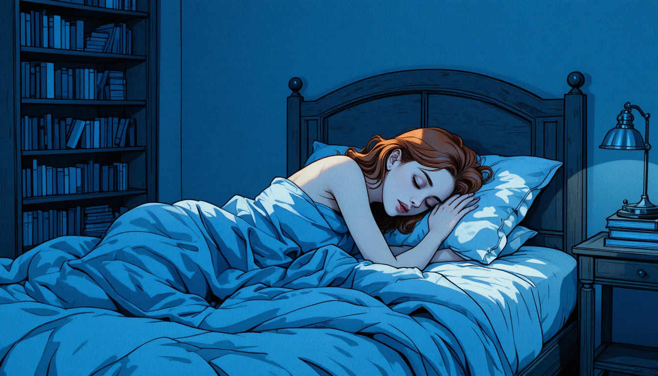 Sleeping woman in blue lit bedroom with bookshelf