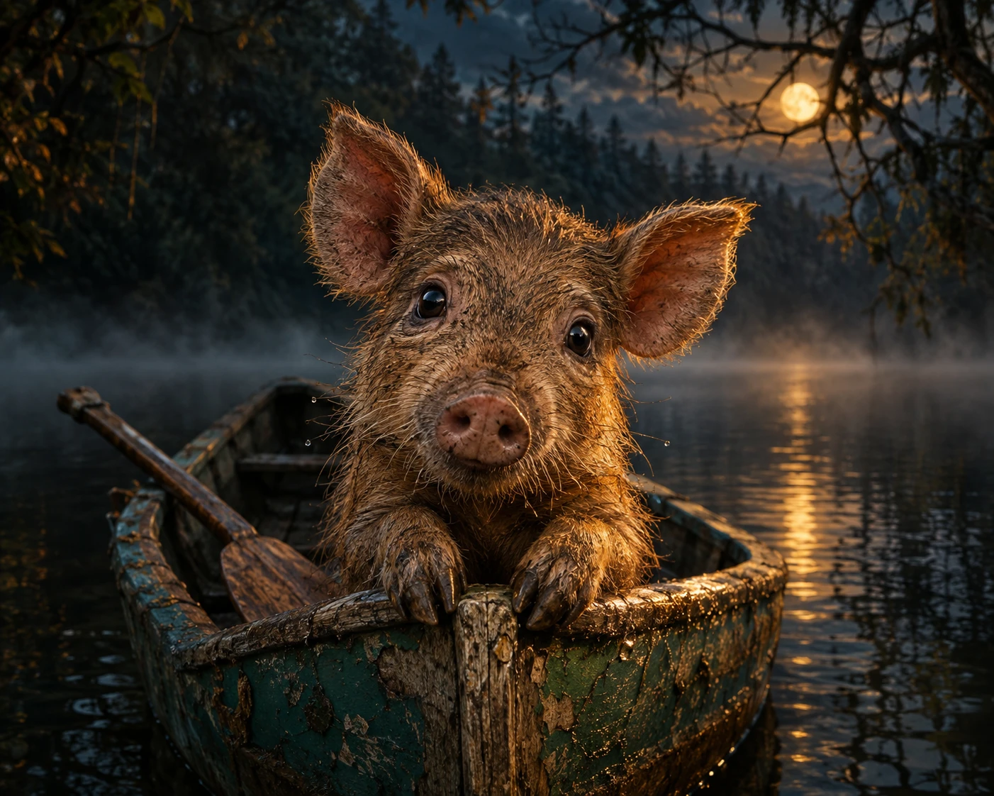 Young wild pig leaning over a tiny wooden canoe