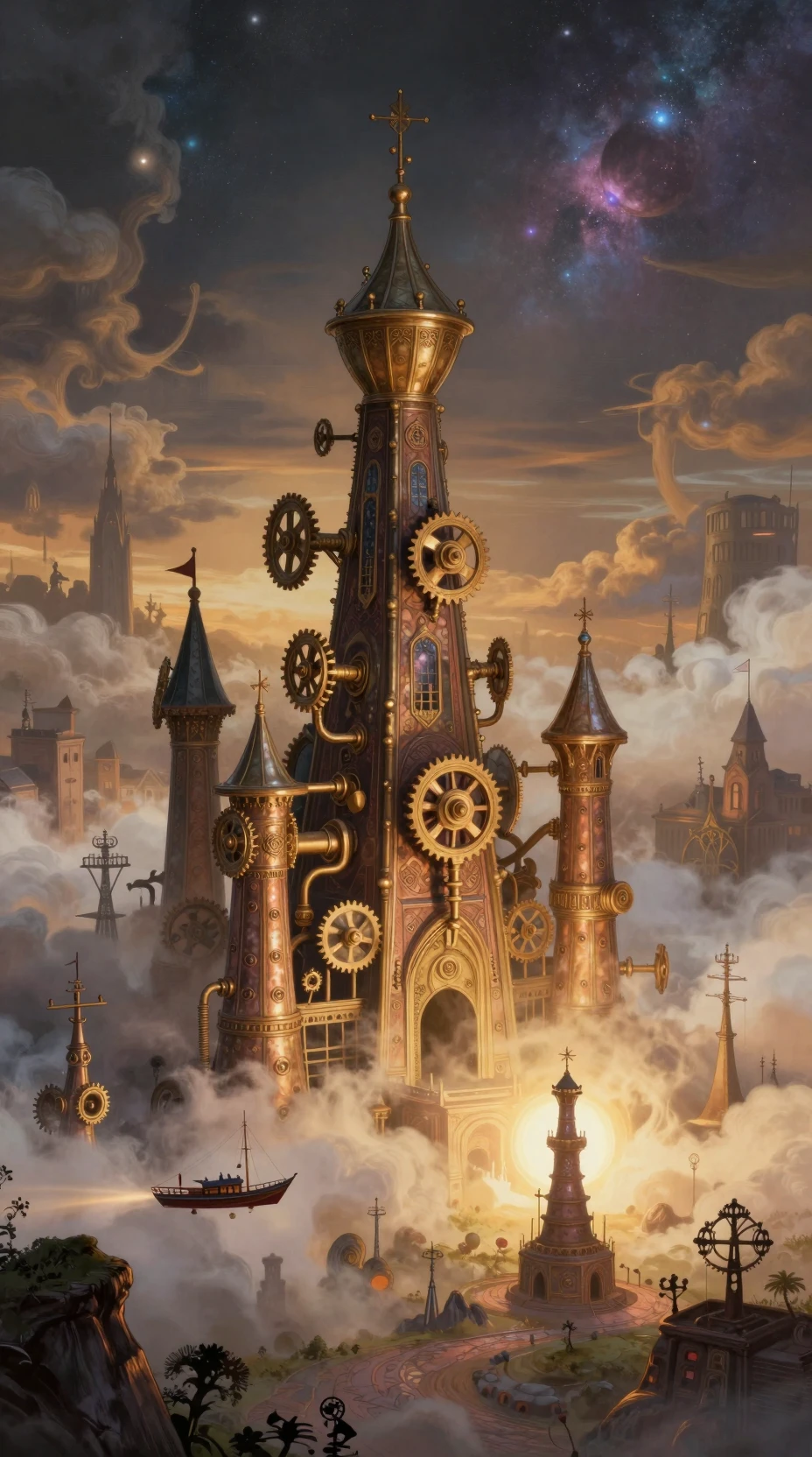Floating mechanical fantasy city in swirling misty skies