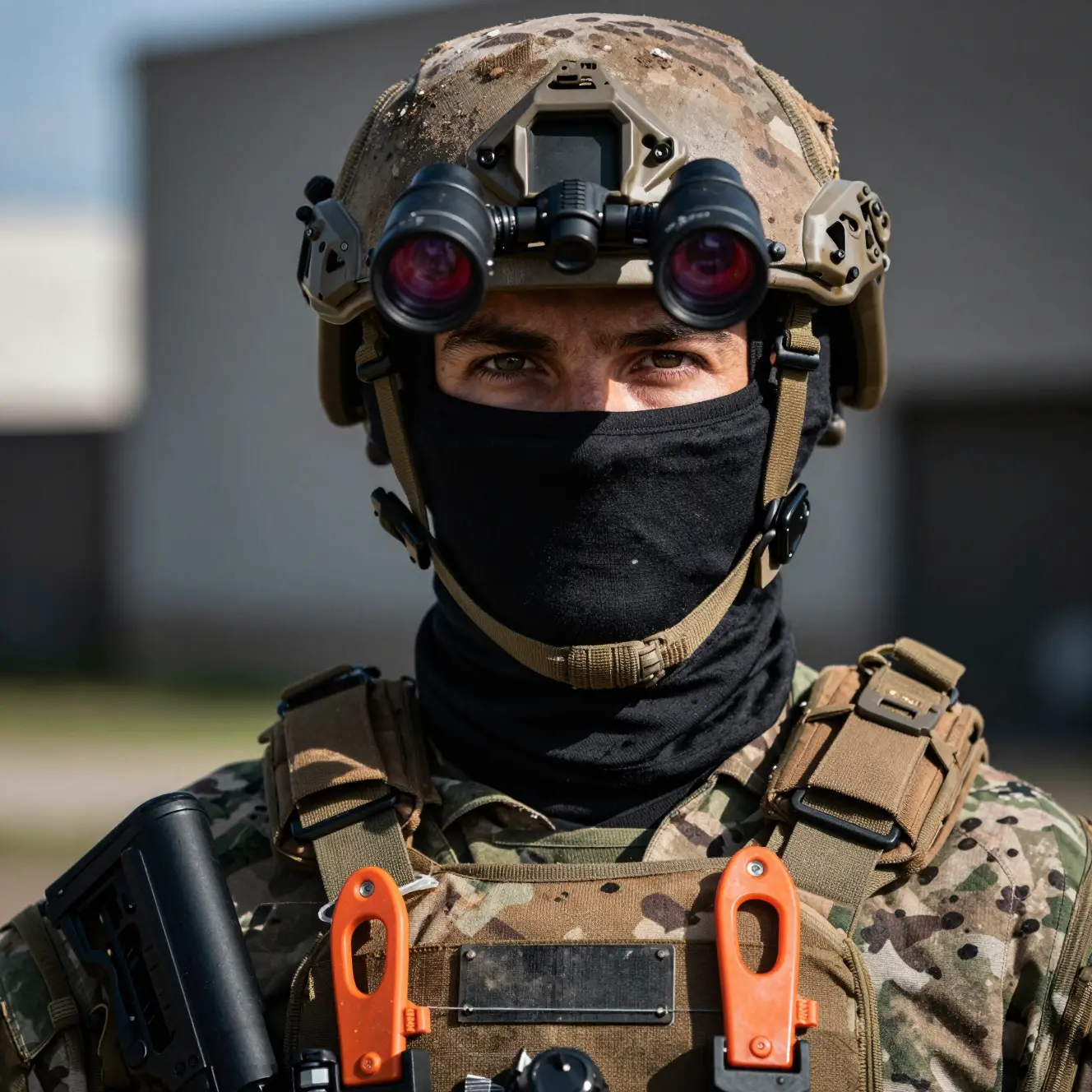 Close up portrait of special forces soldier with night vision