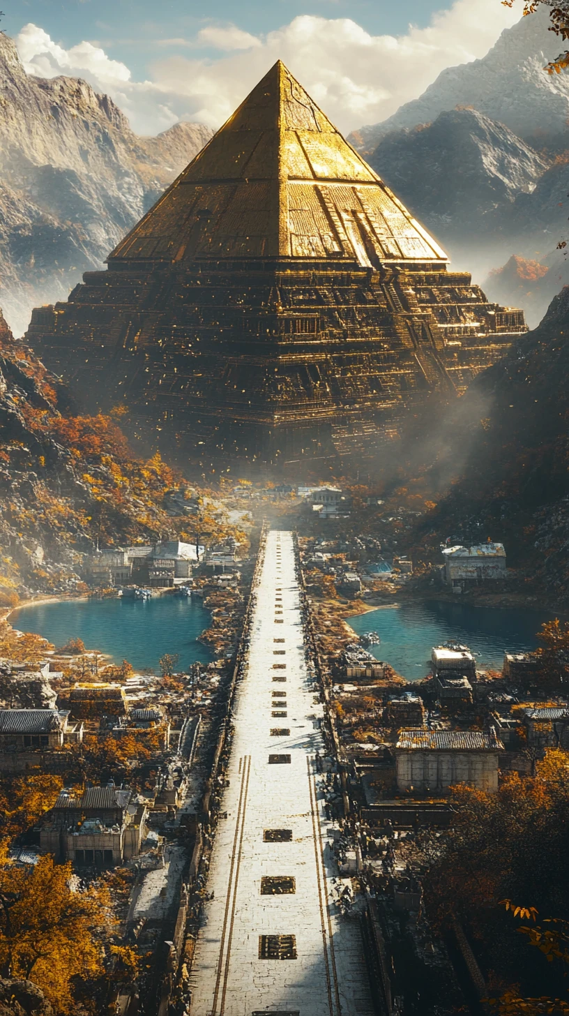 Pyramide dorée dominant des montagnes d’automne et un lac