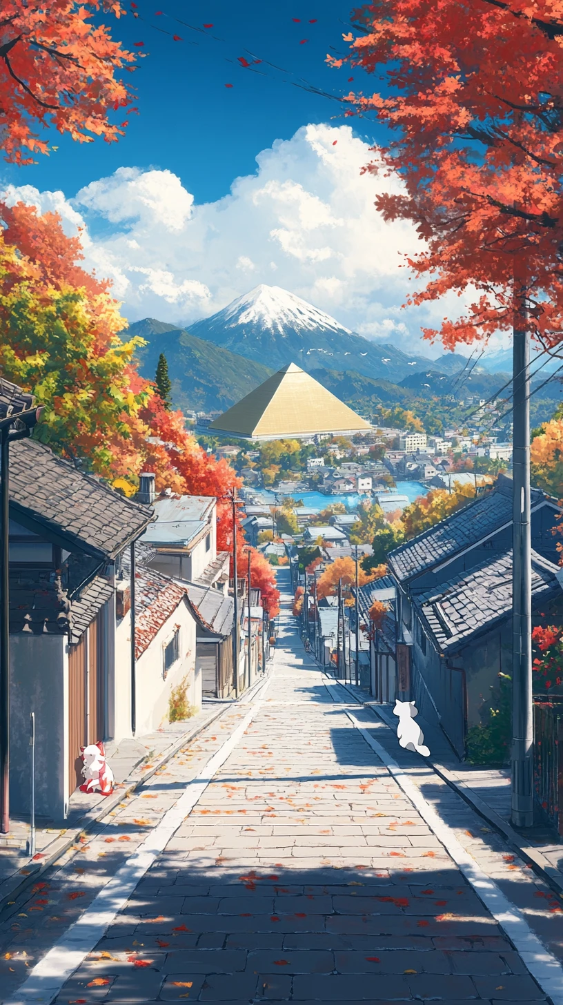 Pyramide dorée dans des montagnes d’automne au bord d’une route longeant un lac bleu