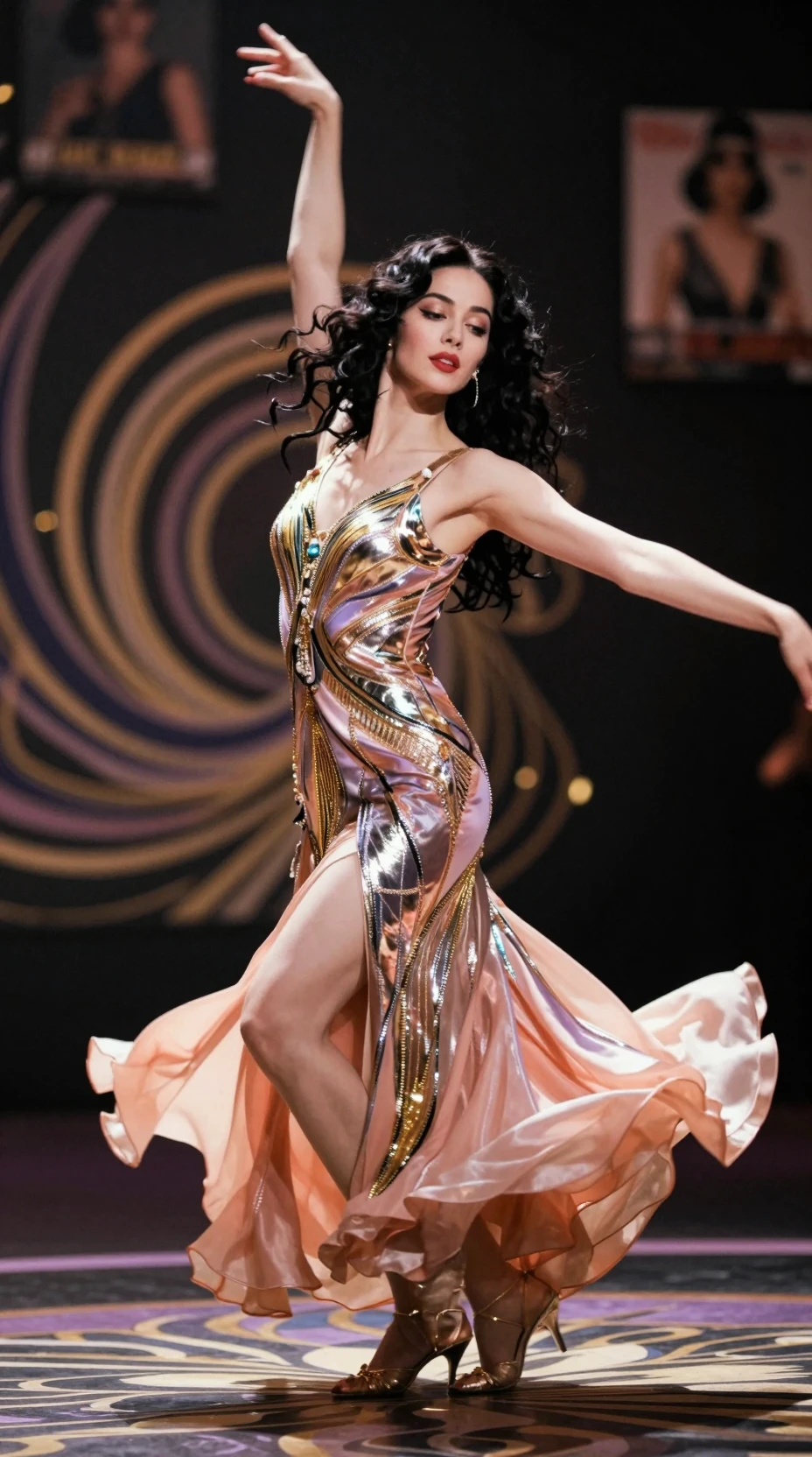 Mujer elegante bailando con un fluido vestido de noche metálico