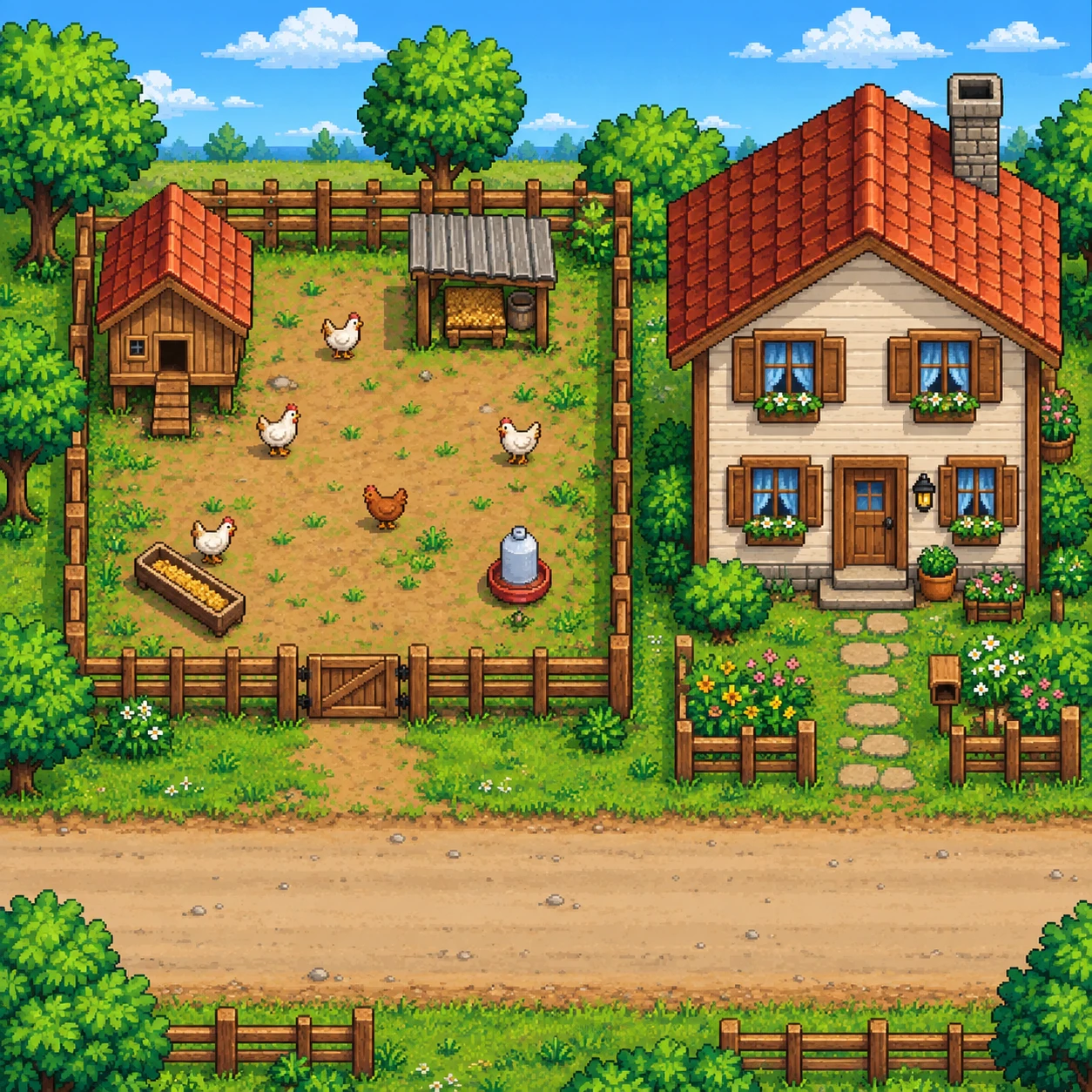 Pixel art top down view of a small chicken farm