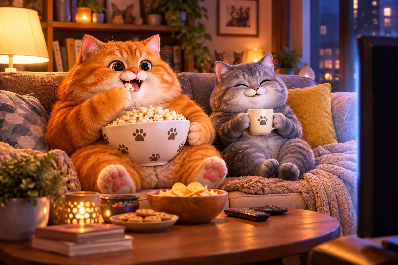 Two 3D cats relaxing on a cozy sofa watching tv
