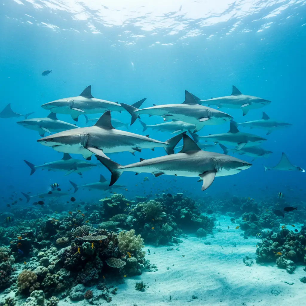 Great white sharks swimming above a bright coral reef